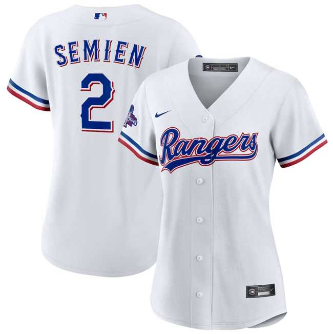 Womens Texas Rangers #2 Marcus Semien White 2023 World Series Champions Stitched Jersey(Run Small) Dzhi->->MLB Jersey